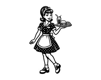 Diner Waitress SVG - Retro 1950s Carhop Rockabilly Restaurant Milkshake Burger Printable Cut File, Instant Download, Commercial Use