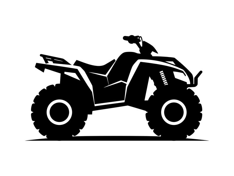 May include: Black and white silhouette of an all-terrain vehicle (ATV) with four large wheels. The ATV is facing to the right and has a seat and handlebars.