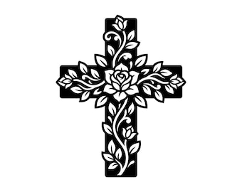 Floral Rose Cross SVG - Christian Faith Religious Easter Memorial Church Decor Printable Cut File, Instant Download, Commercial Use