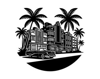 Miami Classic Car SVG - Art Deco South Beach Tropical Florida Retro Printable Cut File, Instant Download, Commercial Use