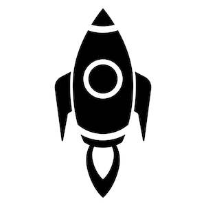 Puede incluir: Silueta en blanco y negro de un cohete con una ventana redonda y una llama que sale de la parte inferior.