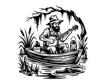 Archivo SVG de jugador de banjo de pantano - Barco de licor casero con caimán y bluegrass de Bayou, archivo de corte imprimible, descarga instantánea, uso comercial.