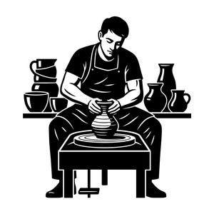 May include: Black and white illustration of a person working on a pottery wheel. The person is wearing an apron and shaping a vase. Various finished pottery pieces, including vases and mugs, are displayed on shelves nearby. The image conveys a craft and handmade theme.
