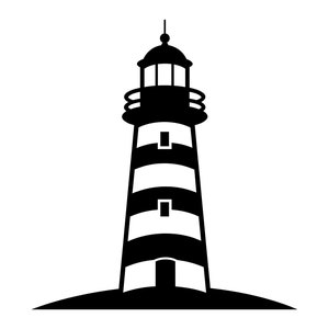 May include: Black and white silhouette of a lighthouse with a striped tower and a small window at the top.