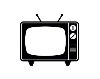 May include: A black and white illustration of a vintage television set with a blank screen and two knobs on the right side.