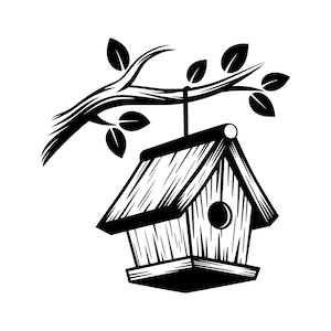 Maison d'oiseau SVG - cabane à oiseaux suspendue perche mangeoire branche d'arbre clipart imprimable couper fichier, téléchargement immédiat, usage commercial, png jpg eps pdf