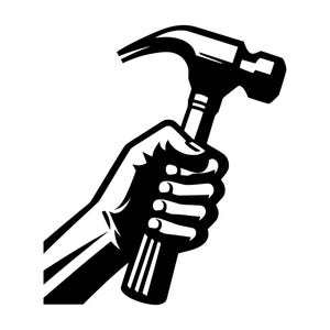 May include: A black and white illustration of a hand holding a claw hammer.