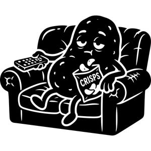 May include: Black and white cartoon illustration of a potato character lounging on a sofa. The potato is holding a TV remote and a bag of crisps. The bag of crisps has the word "CRISPS" printed on it.