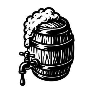 Puede incluir: Ilustración en blanco y negro de un barril de madera con un grifo y espuma. El barril está hecho de duelas de madera verticales y tiene un grifo con manija y boquilla. Diseño clásico para una cervecería o pub.
