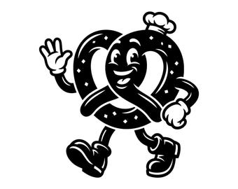 Mascota de pretzel SVG - Chef de panadería de dibujos animados retro, comida alemana, snack, archivo de corte imprimible, descarga instantánea, uso comercial