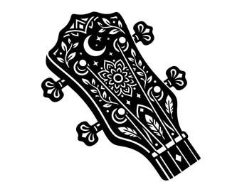 Boho Banjo Headstock SVG - Bass Ukulele Instrument Celestial Floral Music Mystical Moon Printable Cut File, Instant Download, Commercial Use
