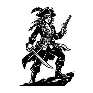 May include: A black and white illustration of a pirate. The pirate is wearing a tricorn hat with a skull and crossbones, an eye patch, and holding a pistol and a sword. The pirate is standing on a rock.
