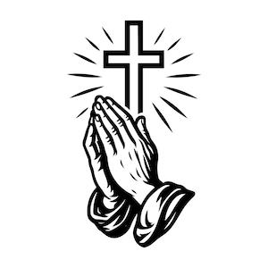 May include: Black and white illustration of praying hands with a cross above, radiating light. The hands are clasped together in a gesture of prayer, with detailed shading. The cross is a simple, bold outline.