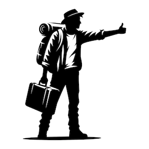 May include: A black and white silhouette of a person wearing a hat and carrying a backpack and a suitcase. The person is giving a thumbs up.