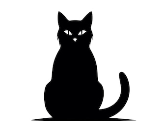 Puede incluir: Silueta negra de un gato sentado con la cola enroscada alrededor de su cuerpo.