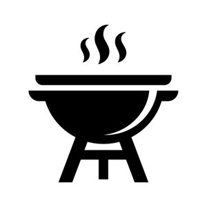 May include: Black and white silhouette of a charcoal grill with a lid and three legs. Smoke is rising from the grill.
