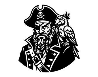 Archivo SVG de Capitán Pirata - Bucanero Loro Jolly Roger Halloween Marinero del Océano Archivo de corte imprimible, descarga instantánea, uso comercial