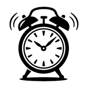 Puede incluir: Ilustración en blanco y negro de un despertador clásico. La esfera del reloj muestra la hora con dos manecillas. Las campanas en la parte superior están sonando, indicando que la alarma está sonando.