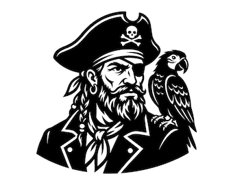 Archivo SVG de Capitán Pirata - Bucanero Loro Jolly Roger Marinero del Océano Caribe Archivo de corte imprimible, descarga instantánea, uso comercial