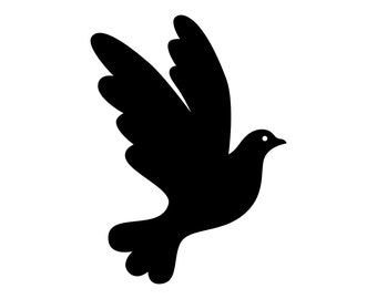 Peut inclure: Une silhouette noire d'une colombe en vol. La colombe est tournée vers la droite et ses ailes sont déployées. La colombe est un symbole de paix et d'espoir.