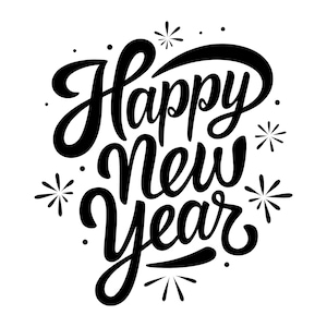 Könnte beinhalten: Schwarz-weiß-Illustration des Textes "Happy New Year" mit stilisierten Feuerwerkskörpern um den Text herum.