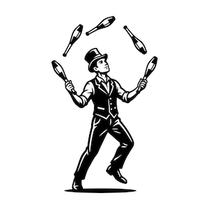 May include: A black and white graphic illustration of a juggler wearing a top hat, a vest, and trousers. The figure is captured in motion, juggling five clubs in the air while looking upward. The design uses high-contrast ink style lines.
