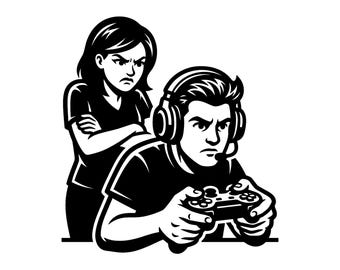 Gamer Couple SVG - Angry Girlfriend Video Game Console Player Funny Gaming Printable Cut File, Instant Download, Commercial Use