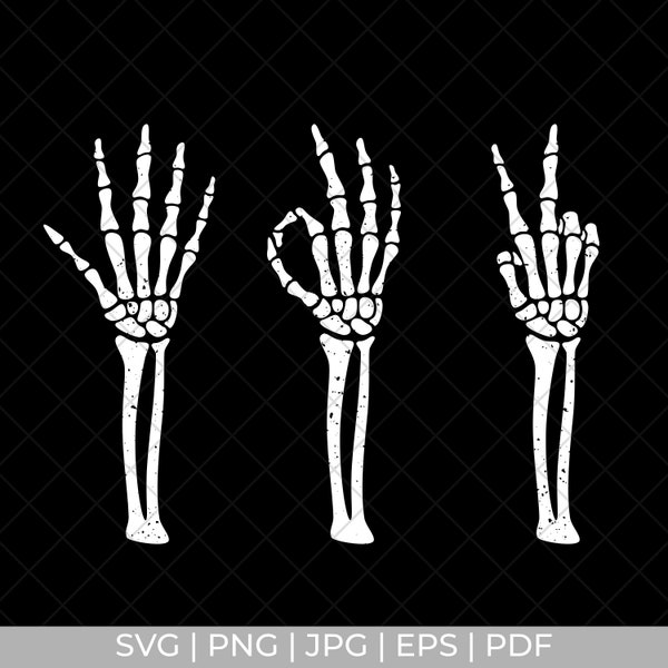 Skeleton Hand Signs - Open Hand Wave, Okay, Peace Sign, Funny Skeleton Arms, Clip Art, SVG Cut File, Silhouette, Vector, Printable Design