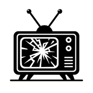 Puede incluir: Una ilustración en blanco y negro de un televisor vintage con una pantalla rota. El televisor tiene un conjunto de antenas de orejas de conejo y un diseño simple.