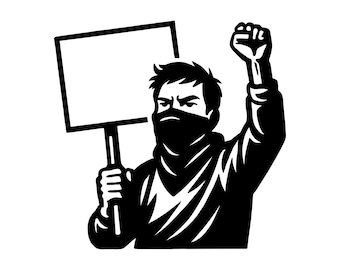 Può includere: Illustrazione in bianco e nero di una persona che tiene in mano un cartello vuoto e alza il pugno. La persona indossa una copertura per il viso e una giacca scura. L'immagine è una rappresentazione grafica audace.