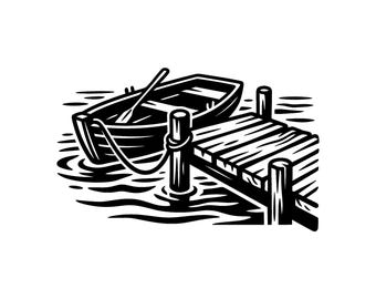 Rowboat On Dock SVG - Lake Fishing Pier Nautical Marine Watercraft Outdoors Printable Cut File, Instant Download, Commercial Use