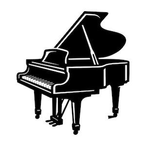 Op de afbeelding: Een zwart-wit illustratie van een vleugel. De piano heeft een gebogen vorm, een toetsenbord met zwarte en witte toetsen en drie poten. Het deksel van de piano is open en toont de snaren en de klankkast.