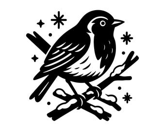 Op de afbeelding: Zwart-wit illustratie van een vogel op een tak, omringd door sterren en stippen. De vogel heeft gedetailleerde vleugel- en lichaamsmotieven. Een minimalistisch ontwerp voor diverse toepassingen.