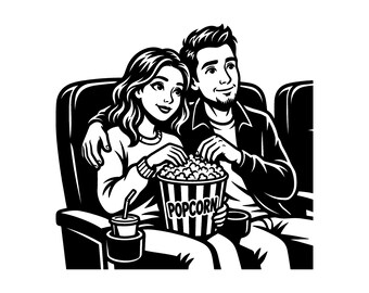 SVG de pareja de cine - Cubo de palomitas de maíz para amantes del cine, cita nocturna en el cine, archivo imprimible para cortar, descarga instantánea, uso comercial.