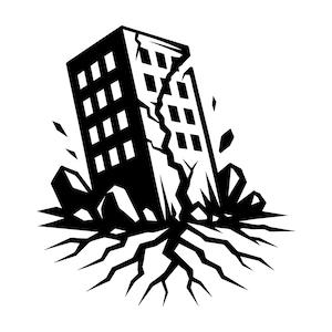 Può includere: Illustrazione in bianco e nero di un edificio che crolla. L'edificio è spaccato a metà, con detriti e crepe nel terreno. L'immagine trasmette un senso di distruzione e disastro.