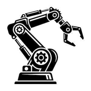 以下が含まれることがあります： 白黒のロボットアームのイラスト。ギア、関節、グリッパーを備え、産業オートメーションやロボット工学を示唆しています。デザインはクリーンでモダンで、技術関連のテーマに適しています。