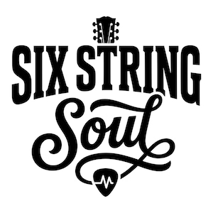 May include: A black and white graphic featuring the words "SIX STRING Soul". A guitar headstock sits above "SIX STRING". A guitar pick with a heart rate graphic is below the word "Soul".
