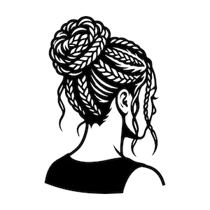 Peut inclure: Illustration en noir et blanc d'une personne vue de dos, montrant la tête et les épaules. Les cheveux sont coiffés en chignon avec plusieurs tresses et mèches. La personne porte un haut noir.