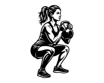 Sentadilla con pesa rusa SVG - Fitness Mujer Gimnasio Entrenamiento Levantamiento de pesas Ejercicio Salud Archivo de corte imprimible, descarga instantánea, uso comercial