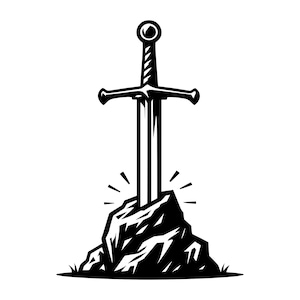 May include: A black and white illustration of a sword stuck in a rock. The sword has a round pommel and a crossguard. The rock is rough and has a few cracks in it.