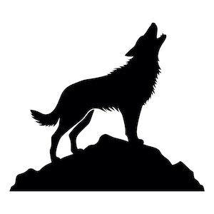 May include: Black silhouette of a wolf howling at the moon, standing on a rocky hilltop.