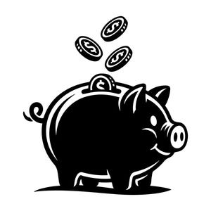 Könnte beinhalten: Schwarz-weiße Illustration eines Sparschweins mit Münzen, die in den Schlitz fallen. Das Sparschwein lächelt, und die Münzen haben Dollarzeichen. Das Bild ist eine einfache, grafische Darstellung des Sparens.
