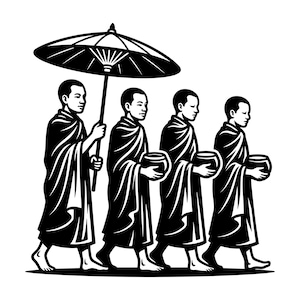 May include: A black and white graphic illustration depicting four figures in robes walking in a line. The first figure holds a large umbrella overhead, while the three following figures each carry a small, rounded bowl in their hands.