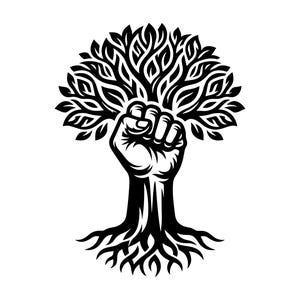 May include: A black and white illustration of a tree with a fist as its trunk. The tree's leaves form a full crown, and its roots spread out at the base. The design is a symbol of strength and growth.