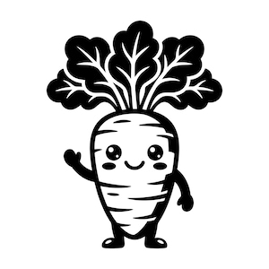 May include: A black and white cartoon illustration of a smiling carrot with leafy greens on top. The carrot has arms and legs, and is waving with one hand. The design is simple and friendly.