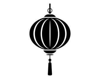 May include: A black and white silhouette of a traditional Chinese lantern with a tassel hanging from the bottom.