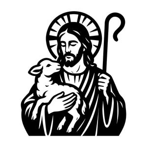 May include: Black and white illustration of a religious figure holding a lamb. The figure has a halo and a beard, and is holding a staff. The lamb is nestled in the figure's arms.