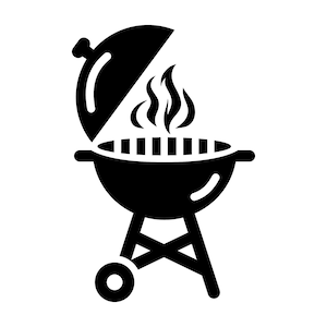 May include: Black and white silhouette of a charcoal grill with a lid open and flames coming from the grill. The grill has a round base and three legs.