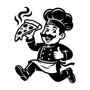 May include: A black and white graphic illustration of a smiling chef with a moustache wearing a tall hat and uniform, running while holding a steaming slice of pepperoni pizza in one hand and giving a thumbs up with the other hand.