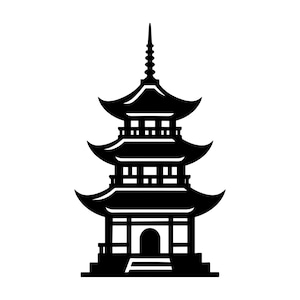 Puede incluir: Ilustración en blanco y negro de una pagoda japonesa. La pagoda tiene múltiples niveles con tejados curvos y una alta aguja. El diseño es una representación gráfica simple de una estructura arquitectónica asiática tradicional.